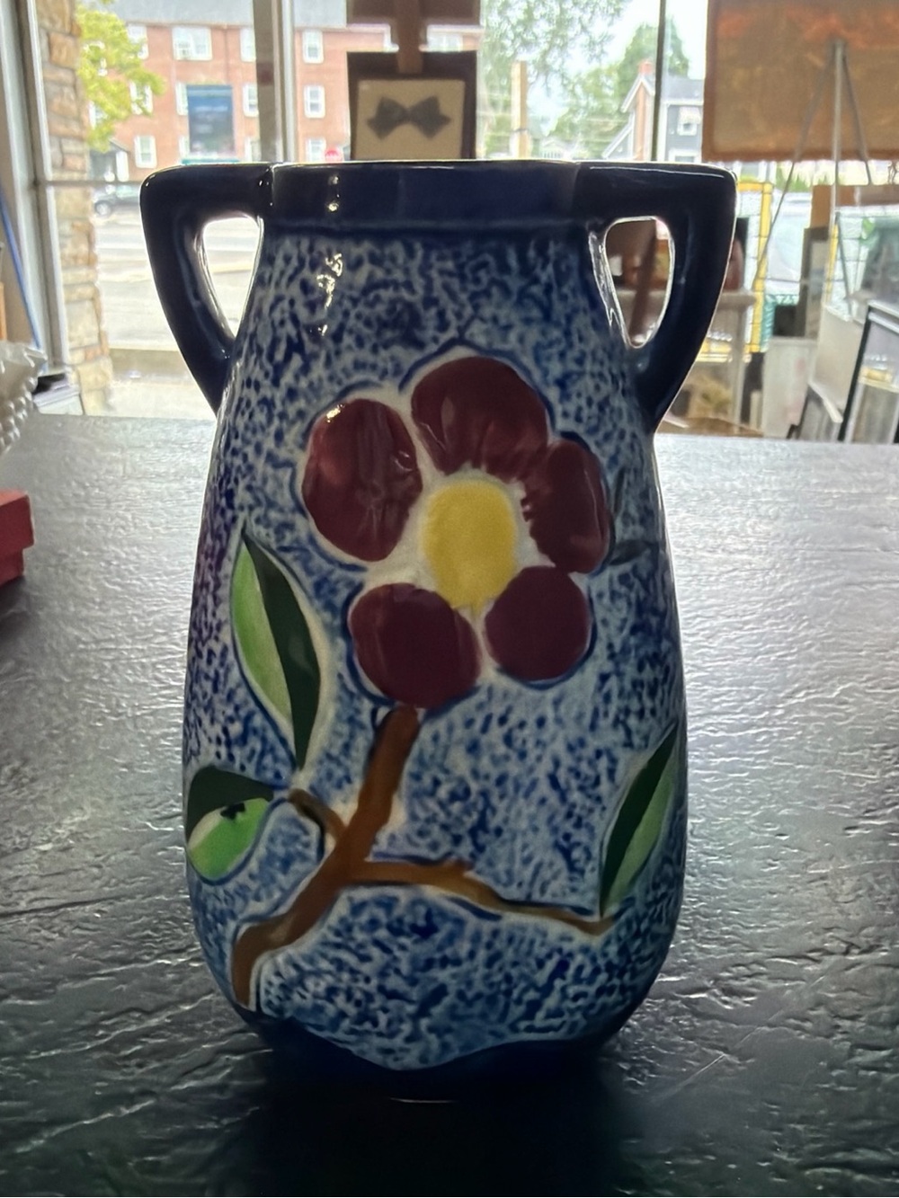 Blue Floral Ceramic Vase with Red Flower -
